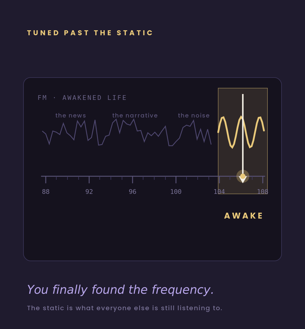A radio dial tuned past the static of the news and the narrative onto a clear awake frequency